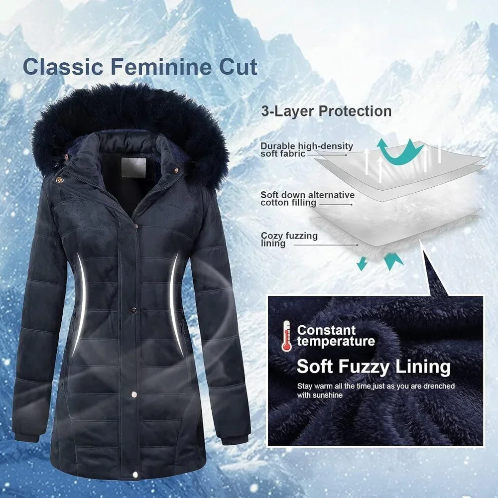 Women's Navy Winter Warm Coat Velvet Quilted Faux Fur Hood Puffer Jacket